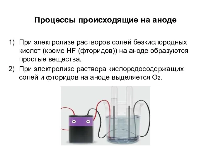 Процессы происходящие на аноде При электролизе растворов солей безкислородных кислот (кроме