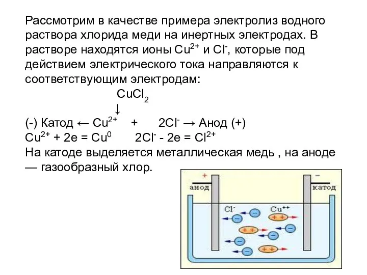 Рассмотрим в качестве примера электролиз водного раствора хлорида меди на инертных