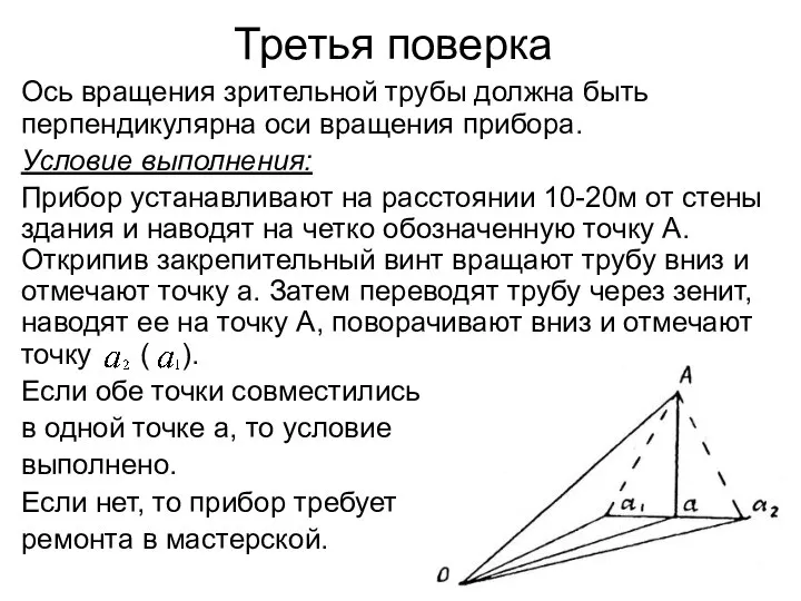 Третья поверка Ось вращения зрительной трубы должна быть перпендикулярна оси вращения