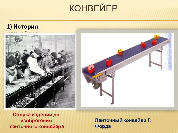 Конвейер 1) История конвейера Сборка изделий до изобретения ленточного конвейера Ленточный конвейер Г. Форда