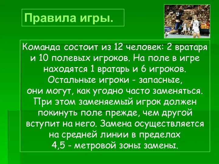 Правила игры. Команда состоит из 12 человек: 2 вратаря и 10