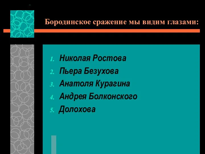 Бородинское сражение мы видим глазами: Николая Ростова Пьера Безухова Анатоля Курагина Андрея Болконского Долохова