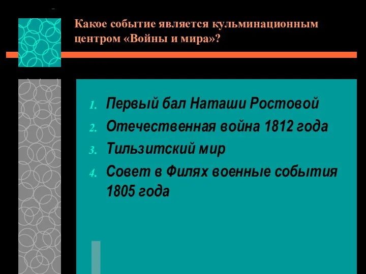 Какое событие является кульминационным центром «Войны и мира»? Первый бал Наташи