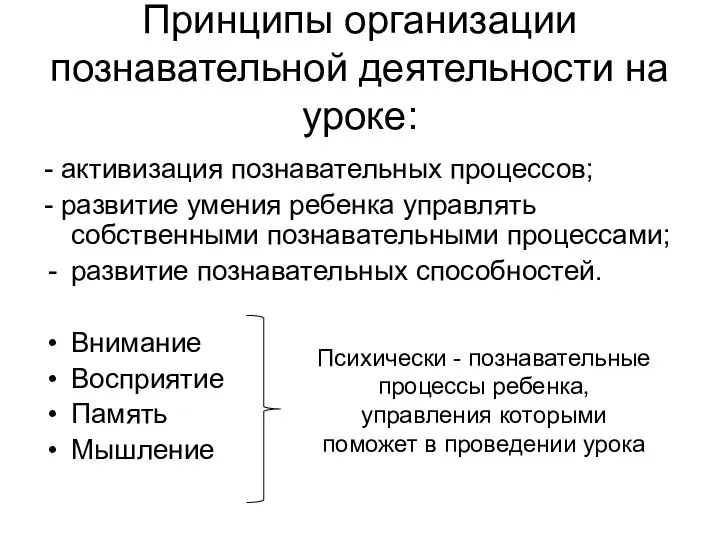 Принципы организации познавательной деятельности на уроке: - активизация познавательных процессов; -