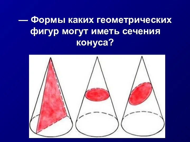 — Формы каких геометрических фигур могут иметь сечения конуса?