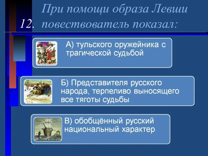 При помощи образа Левши 12. повествователь показал: