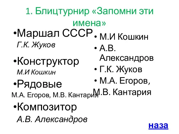 1. Блицтурнир «Запомни эти имена» Маршал СССР Г.К. Жуков Конструктор М.И