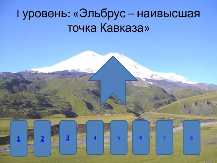 I уровень: «Эльбрус – наивысшая точка Кавказа» 2 1 3 4 5 6 7 8