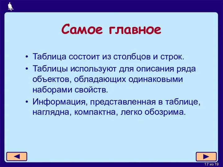 Таблица состоит из столбцов и строк. Таблицы используют для описания ряда