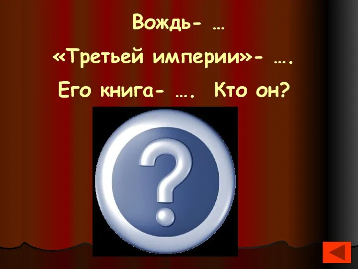 Вождь- … «Третьей империи»- …. Его книга- …. Кто он? Фюрер