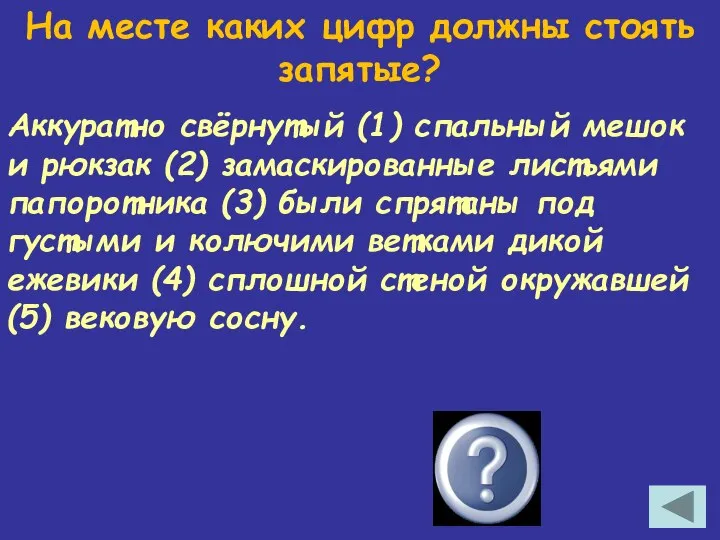 На месте каких цифр должны стоять запятые? Аккуратно свёрнутый (1) спальный