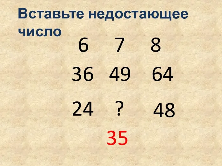 6 7 8 36 49 64 24 ? 48 35 Вставьте недостающее число