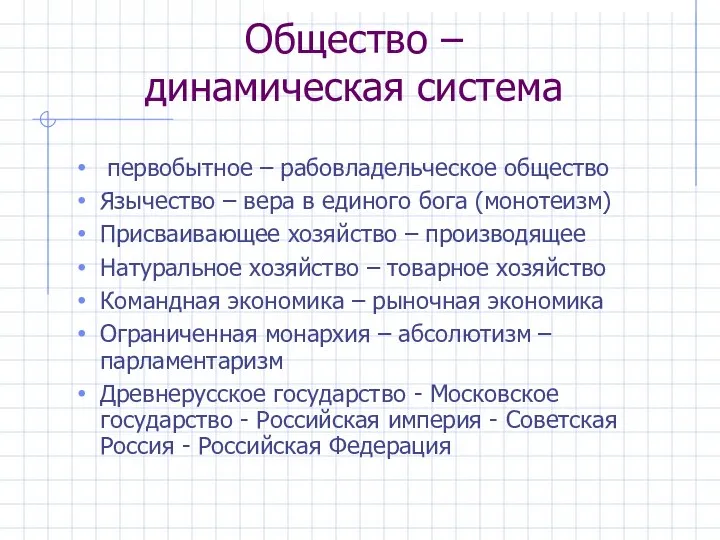 Общество – динамическая система первобытное – рабовладельческое общество Язычество – вера