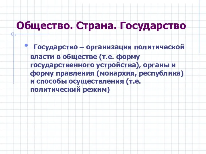 Общество. Страна. Государство Государство – организация политической власти в обществе (т.е.