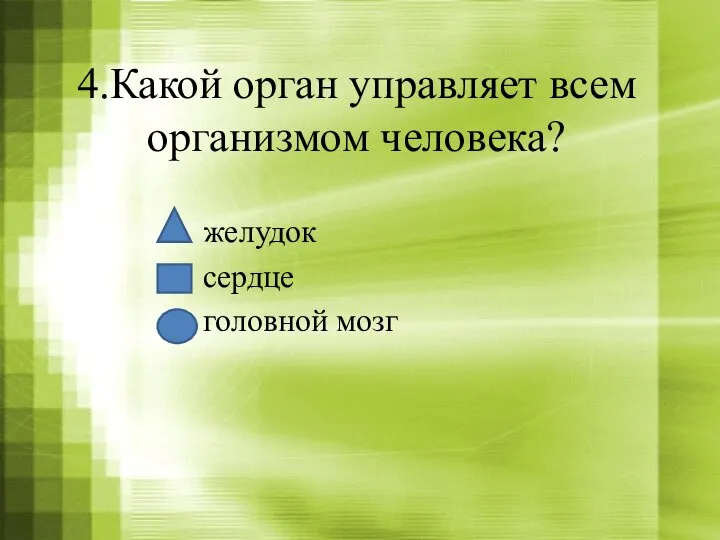 4.Какой орган управляет всем организмом человека? желудок сердце головной мозг