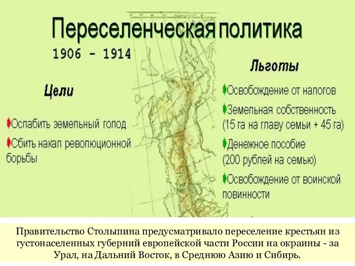 Правительство Столыпина предусматривало переселение крестьян из густонаселенных губерний европейской части России