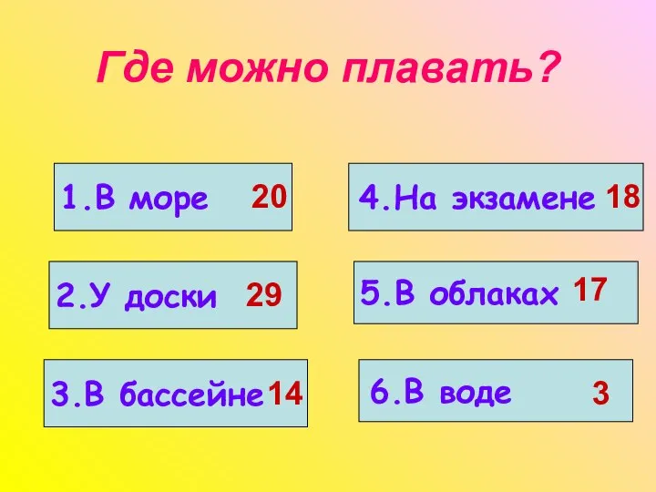 Где можно плавать? 1.В море 2.У доски 3.В бассейне 4.На экзамене