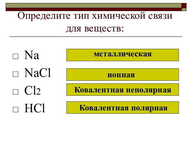 Определите тип химической связи для веществ: Na NaCl Cl2 HCl металлическая ионная Ковалентная неполярная Ковалентная полярная