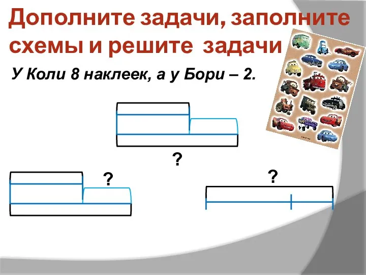 Дополните задачи, заполните схемы и решите задачи У Коли 8 наклеек,