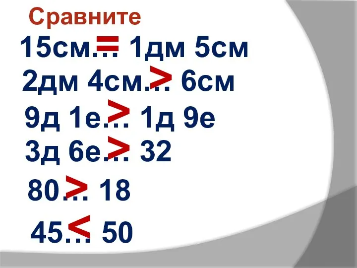 Сравните 15см… 1дм 5см = > > 2дм 4см… 6см 9д