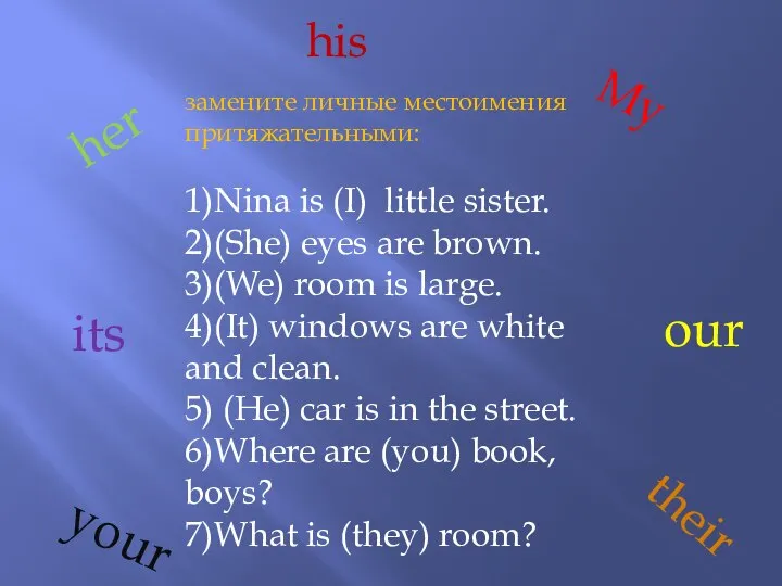 замените личные местоимения притяжательными: 1)Nina is (I) little sister. 2)(She) eyes