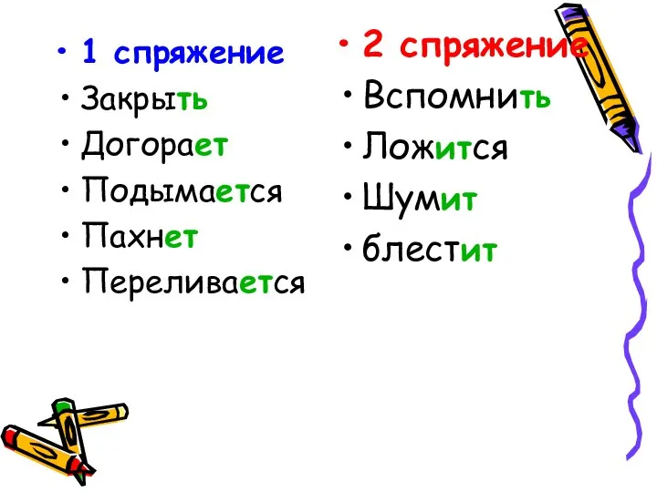 1 спряжение Закрыть Догорает Подымается Пахнет Переливается 2 спряжение Вспомнить Ложится Шумит блестит