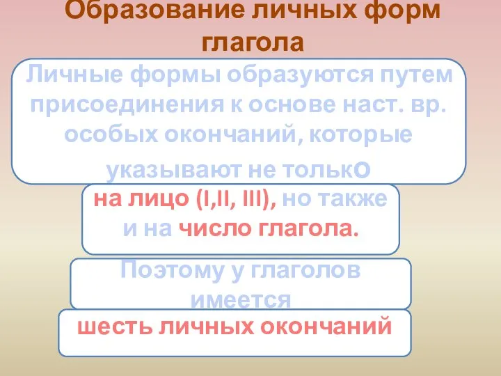 Образование личных форм глагола Личные формы образуются путем присоединения к основе