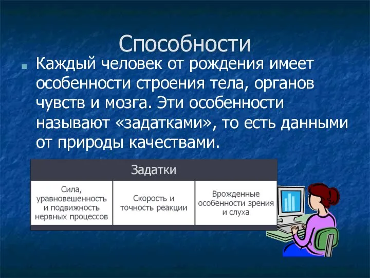 Способности Каждый человек от рождения имеет особенности строения тела, органов чувств