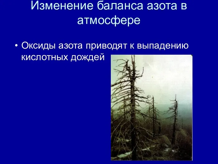 Изменение баланса азота в атмосфере Оксиды азота приводят к выпадению кислотных дождей