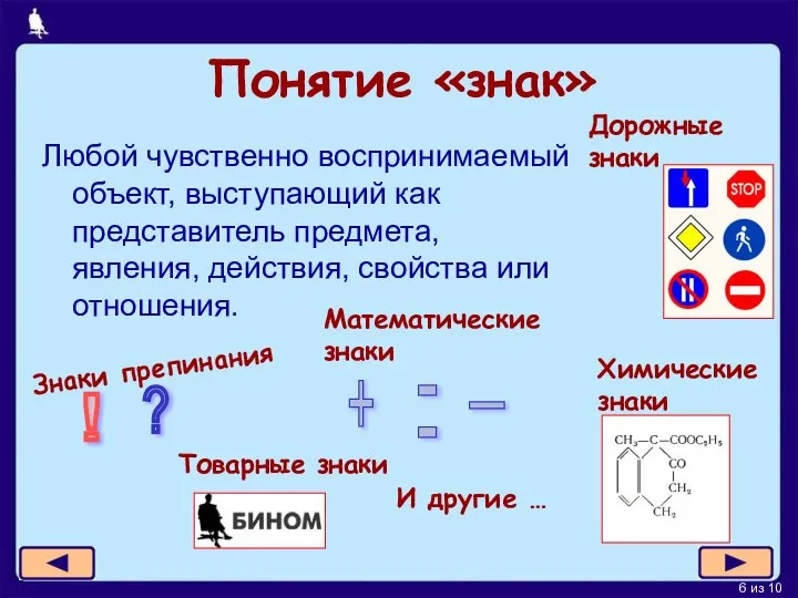 Понятие «знак» Любой чувственно воспринимаемый объект, выступающий как представитель предмета, явления,