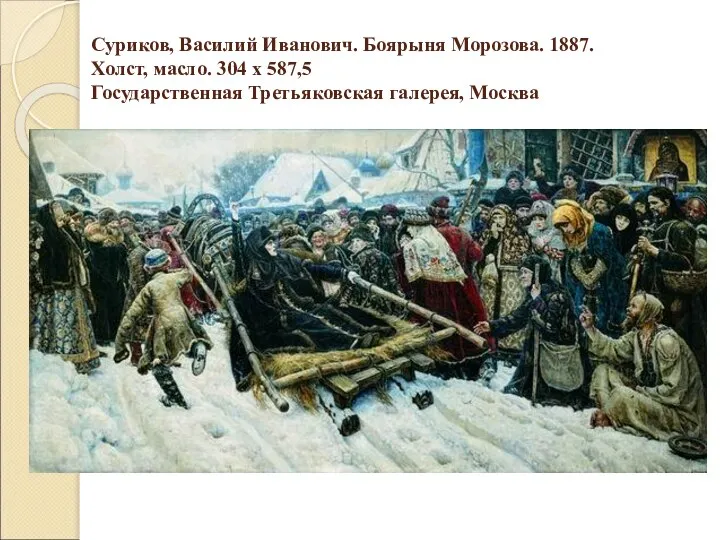 Суриков, Василий Иванович. Боярыня Морозова. 1887. Холст, масло. 304 х 587,5 Государственная Третьяковская галерея, Москва