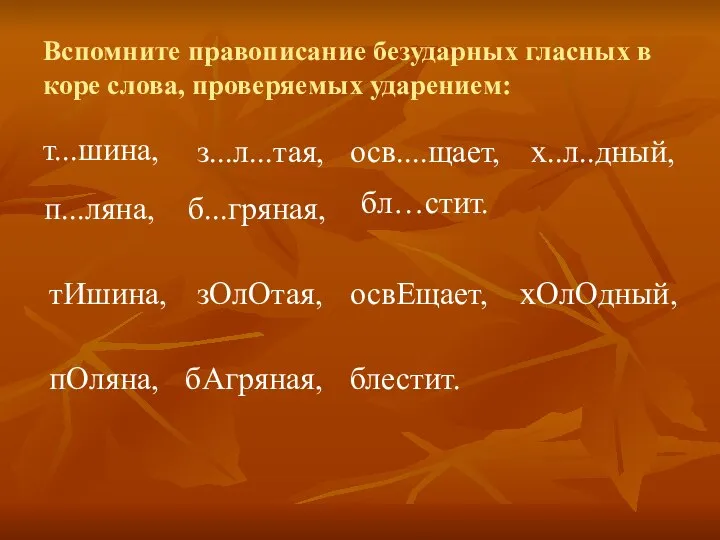 Вспомните правописание безударных гласных в коре слова, проверяемых ударением: т...шина, тИшина,