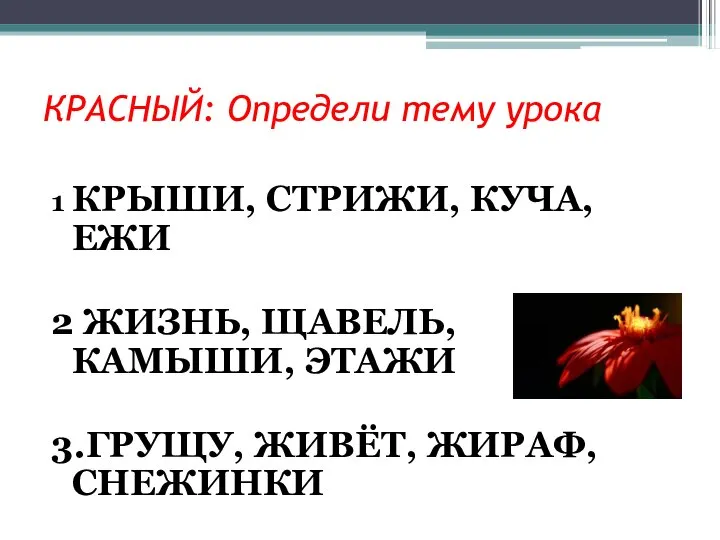 КРАСНЫЙ: Определи тему урока 1 КРЫШИ, СТРИЖИ, КУЧА, ЕЖИ 2 ЖИЗНЬ,