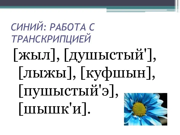 СИНИЙ: РАБОТА С ТРАНСКРИПЦИЕЙ [жыл], [душыстый'], [лыжы], [куфшын], [пушыстый'э], [шышк'и].