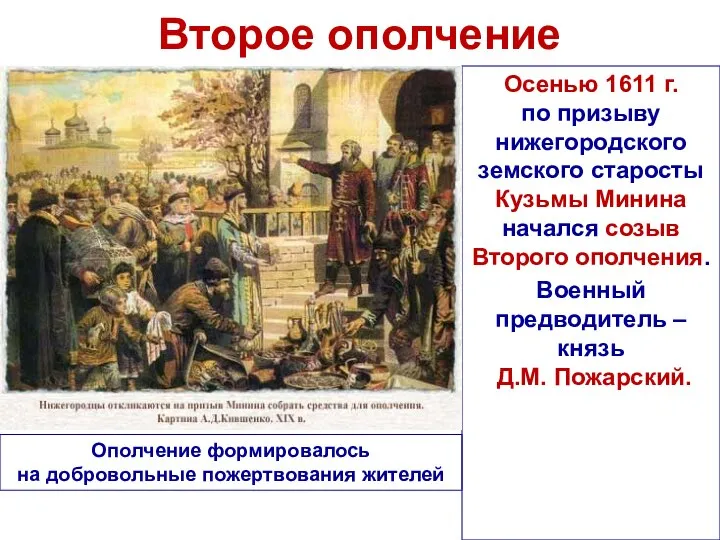 Второе ополчение Осенью 1611 г. по призыву нижегородского земского старосты Кузьмы