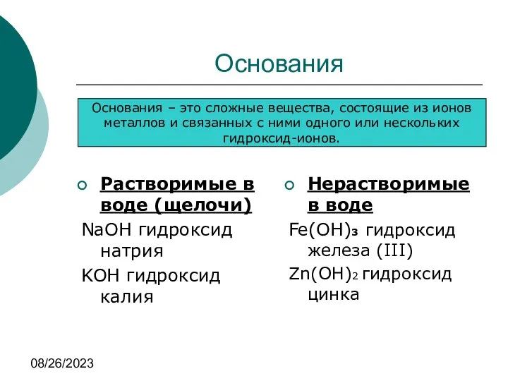 08/26/2023 Основания Растворимые в воде (щелочи) NaOH гидроксид натрия KOH гидроксид