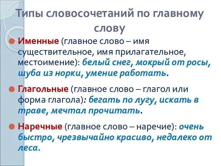 Типы словосочетаний по главному слову Именные (главное слово – имя существительное,