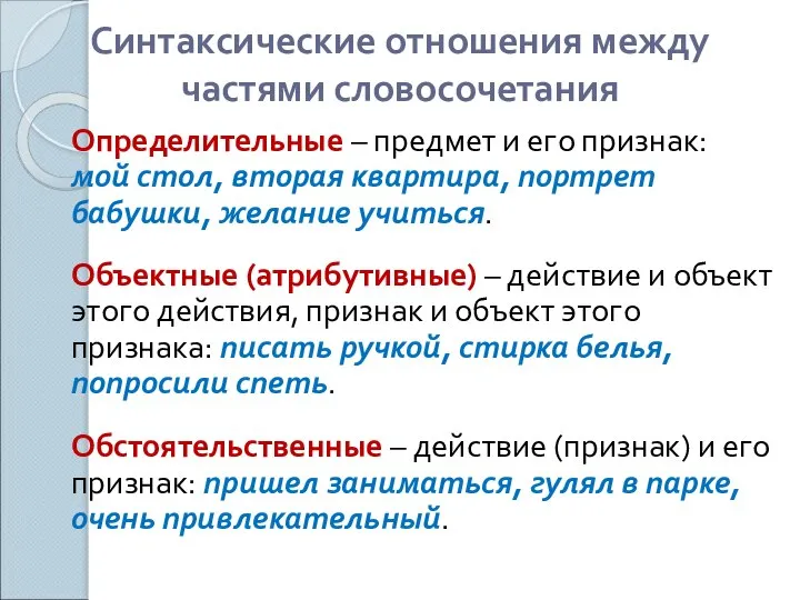 Синтаксические отношения между частями словосочетания Определительные – предмет и его признак: