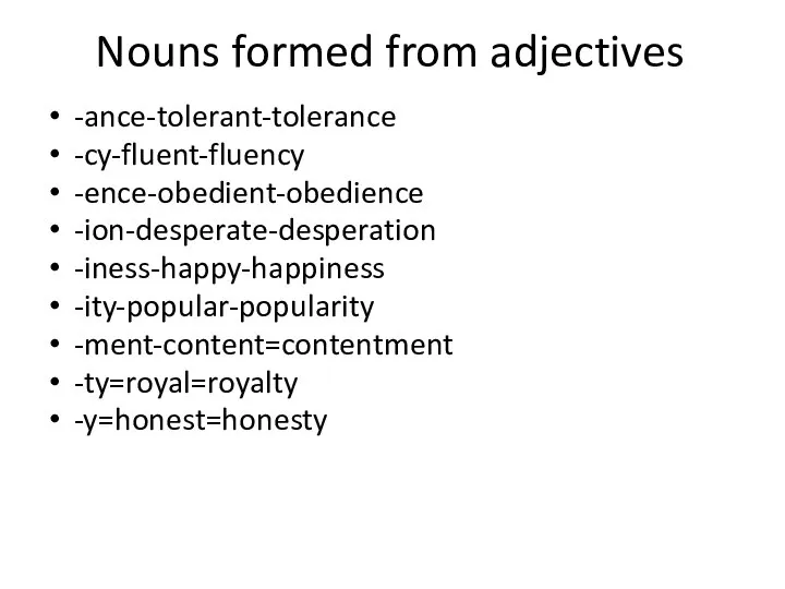 Nouns formed from adjectives -ance-tolerant-tolerance -cy-fluent-fluency -ence-obedient-obedience -ion-desperate-desperation -iness-happy-happiness -ity-popular-popularity -ment-content=contentment -ty=royal=royalty -y=honest=honesty