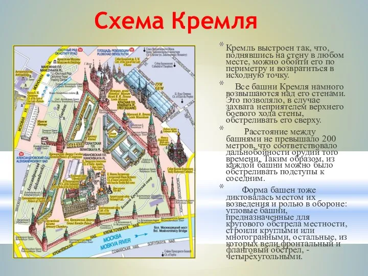 Схема Кремля Кремль выстроен так, что, поднявшись на стену в любом