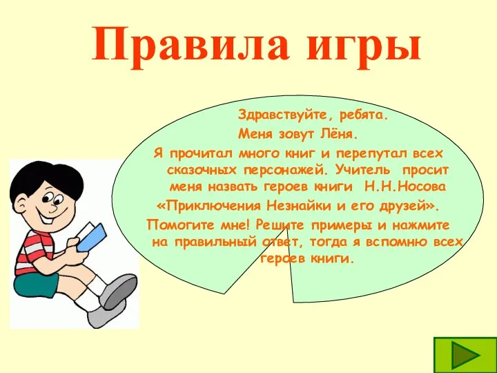 Правила игры Здравствуйте, ребята. Меня зовут Лёня. Я прочитал много книг