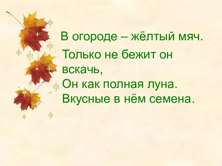 В огороде – жёлтый мяч. Только не бежит он вскачь, Он