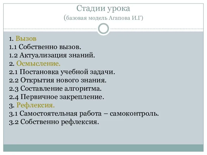 Стадии урока (базовая модель Агапова И.Г) 1. Вызов 1.1 Собственно вызов.