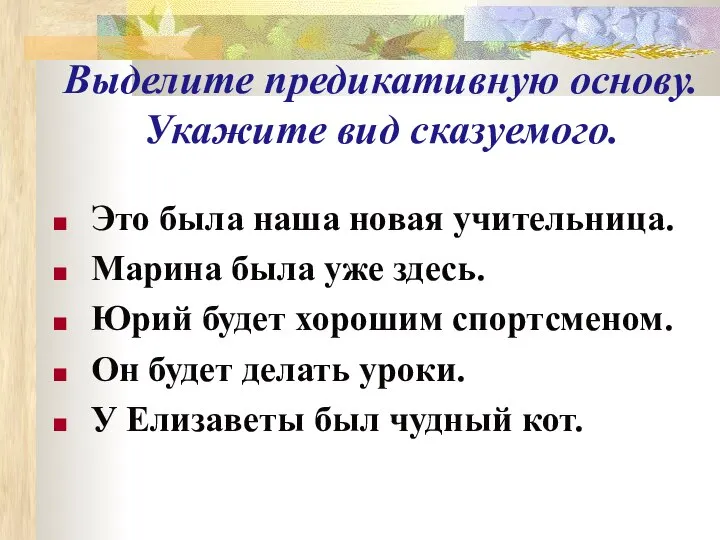 Выделите предикативную основу. Укажите вид сказуемого. Это была наша новая учительница.