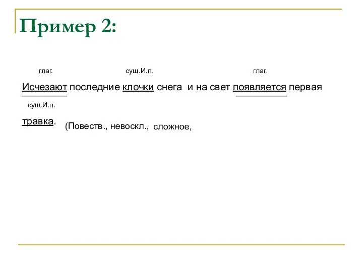 Пример 2: глаг. сущ.И.п. глаг. Исчезают последние клочки снега и на