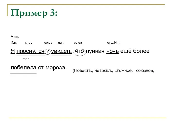 Пример 3: Мест. И.п. глаг. союз глаг. союз сущ.И.п. Я проснулся