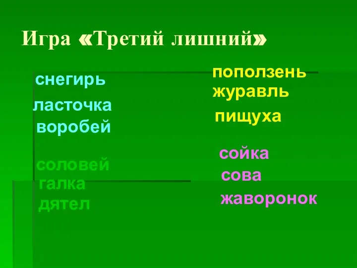 Игра «Третий лишний» снегирь ласточка соловей галка дятел воробей поползень пищуха жаворонок журавль сова сойка