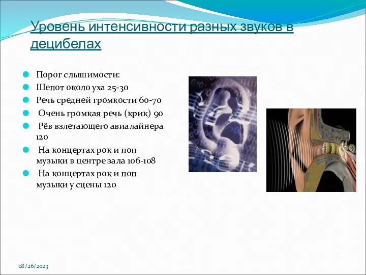 08/26/2023 Уровень интенсивности разных звуков в децибелах Порог слышимости: Шепот около