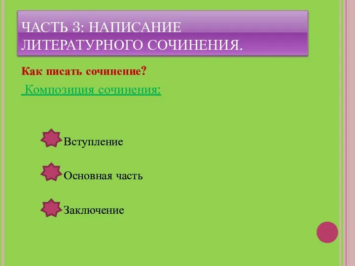 ЧАСТЬ 3: НАПИСАНИЕ ЛИТЕРАТУРНОГО СОЧИНЕНИЯ. Как писать сочинение? Композиция сочинения: Вступление Основная часть Заключение