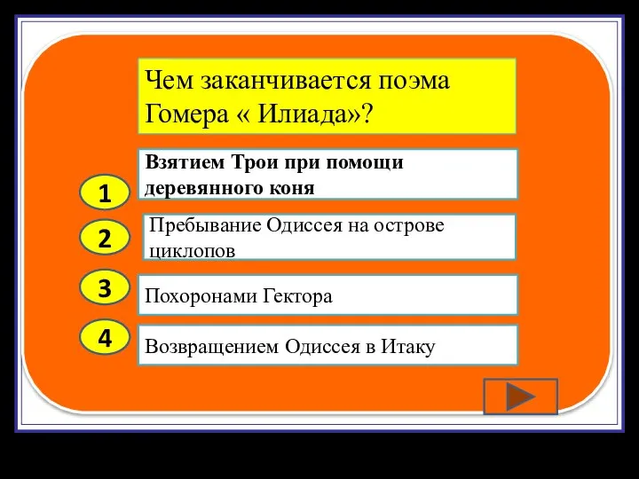 2 3 4 Пребывание Одиссея на острове циклопов Похоронами Гектора Возвращением